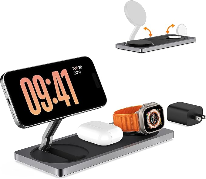PETINO 3 in 1 Wireless Charging Station for Apple Devices with MagSafe | For iPhone 17/Air/16/15/14/13/12, AirPods & Apple Watch, Foldable Portable Aluminum Charging Stand, Adapter Included
