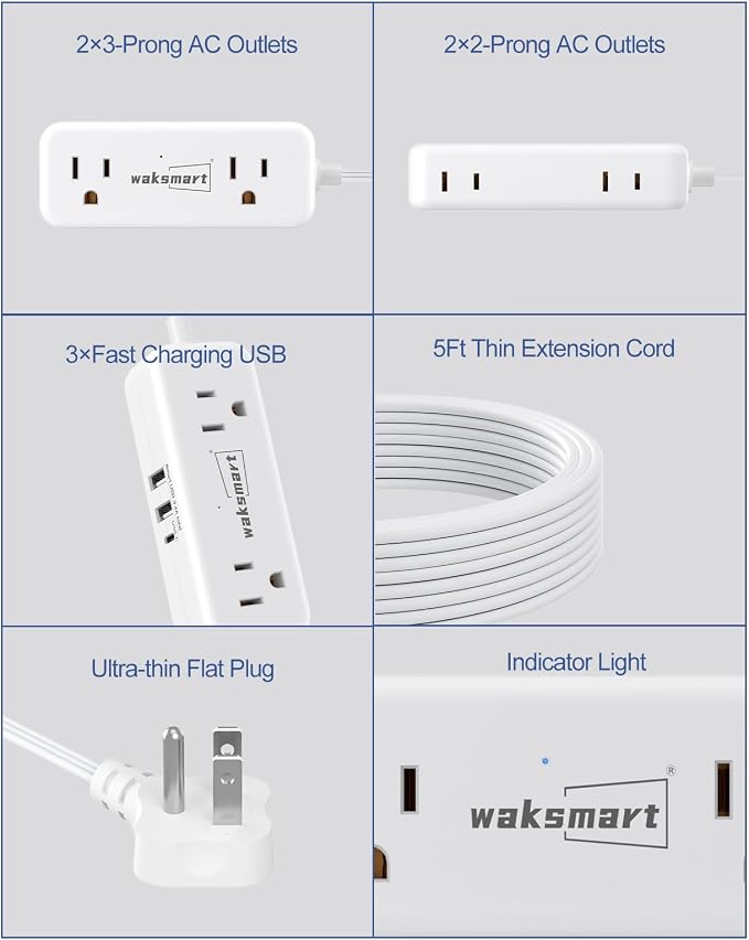 Flat Plug Power Strip - 5 Ft Thin Flat Extension Cord with 4 AC Outlets 3 USB Ports (5V/3.4A 17W), Flat Outlet Wall Plug Compact for College Dorm, Travel, Home, Office Desk Accessories
