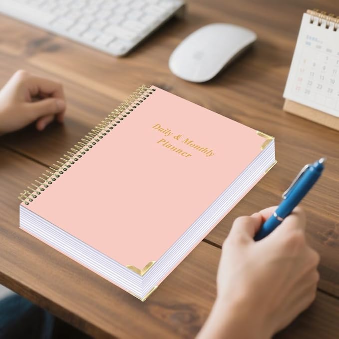 Undated Daily Monthly Planner for 2026 or Anytime - A4 To Do List with Hourly Schedule, Hardcover Spiral Bound Daily Planner to Increase Focus, Stylish School/Office Supplies, 8.5" x 11", Pink