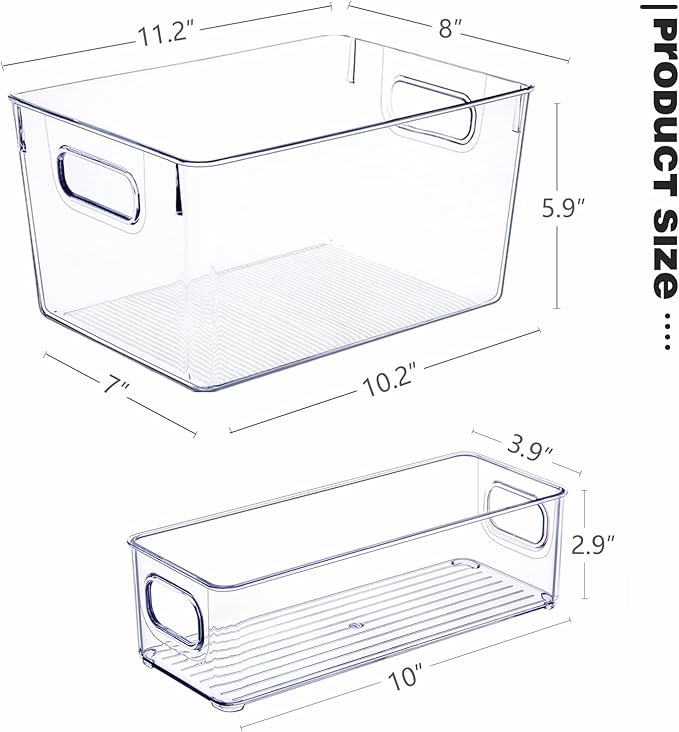 SKTEET Set of 8 Clear Plastic Storage Bins, 4 Large and 4 Small Stackable Storage Containers for Pantry Organization and Kitchen Storage Bins,Home Edit and Cabinet Organizers