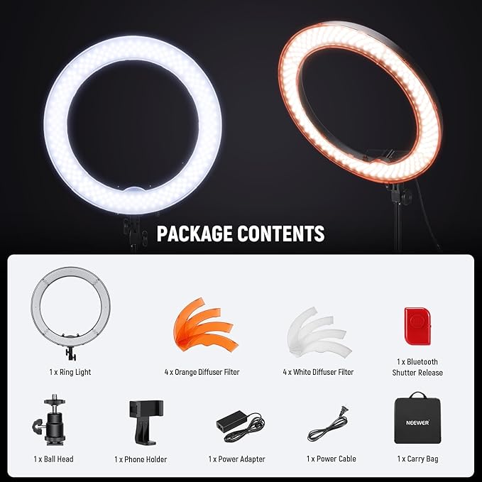 NEEWER 18" Ring Light, 58W 5500lx 5600K Dimmable CRI95 240 LEDs, Lighting with Cold Shoe Bi Color Filters Carry Bag Phone Holder for iPhone Selfie Makeup Studio Photography Video Recording, RL-18