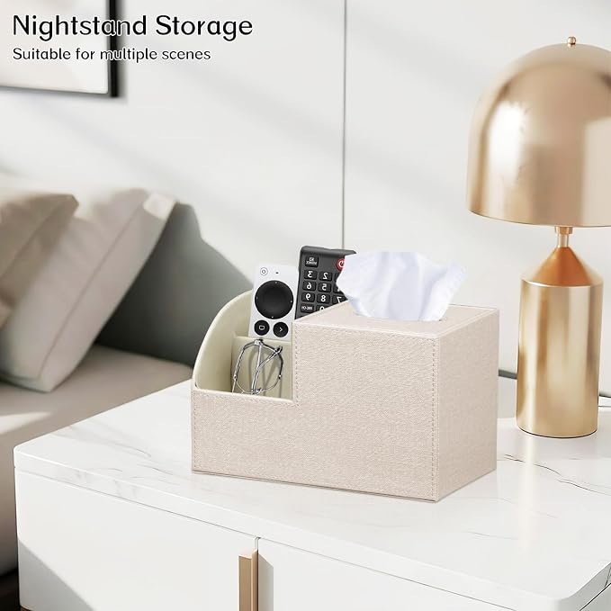 Square Tissue Box Cover with Storage, PU Leather Facial Cube Tissue Holder | TV Remote Control Holder, Desk Accessories Nightstand Organizer, Modern Table Caddy for Bathroom, Bedroom, Home, Office Decor
