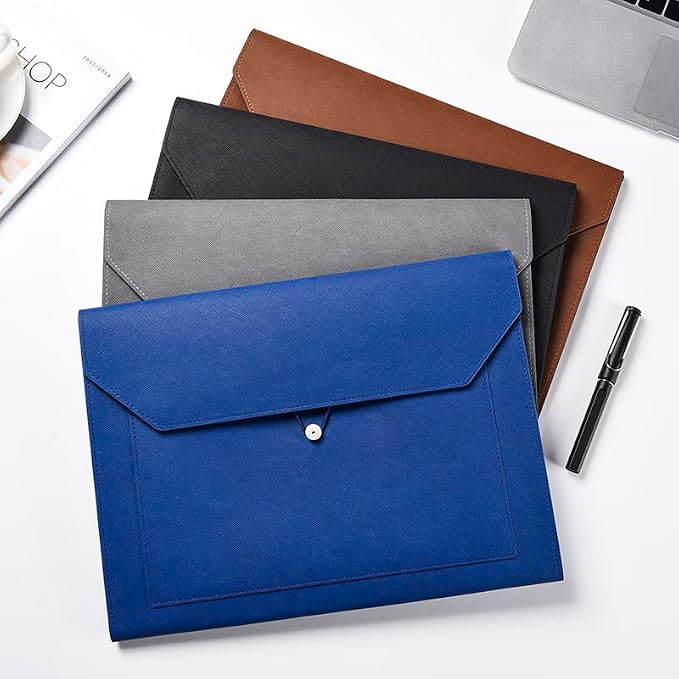 PU Leather A4 File Folder Document Holder 2 Pockets Portfolio Envelope Folder Case with Elastic String 3/4 Inch Expansion (Blue)