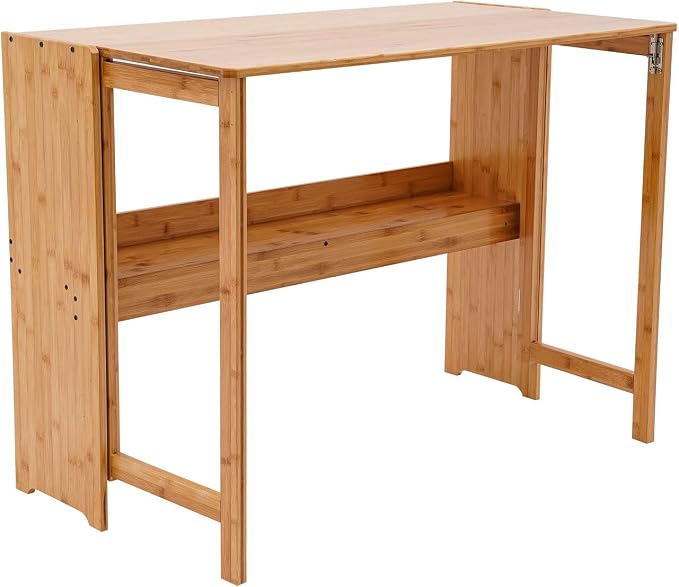 Folding Desk for Small Space, Computer Desk with Bookshelf Multifunctional Bamboo Rectangular Dining Table Work Desk, Writing Desk for Student Office, 40.5" W x 29.9" H (Wood Color)