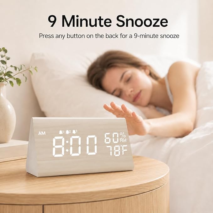 JALL Wooden Digital Alarm Clock for Bedrooms and Office, 3 Alarms with Big Digits, Humidity and Temperature Display, 6-Level Dimmer, Snooze, Loud Desk Clock for Heavy Sleepers, Plug in (White)