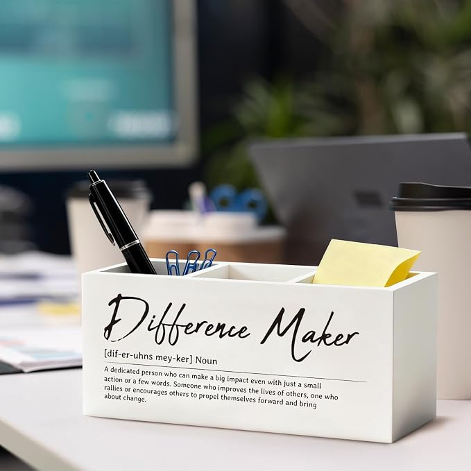 Difference Maker Gift Pen Pencil Utensil Holder | Appreciation Gifts for Coworkers Leaders Teachers, Wood Desk Organizer and Makeup Brush Holder