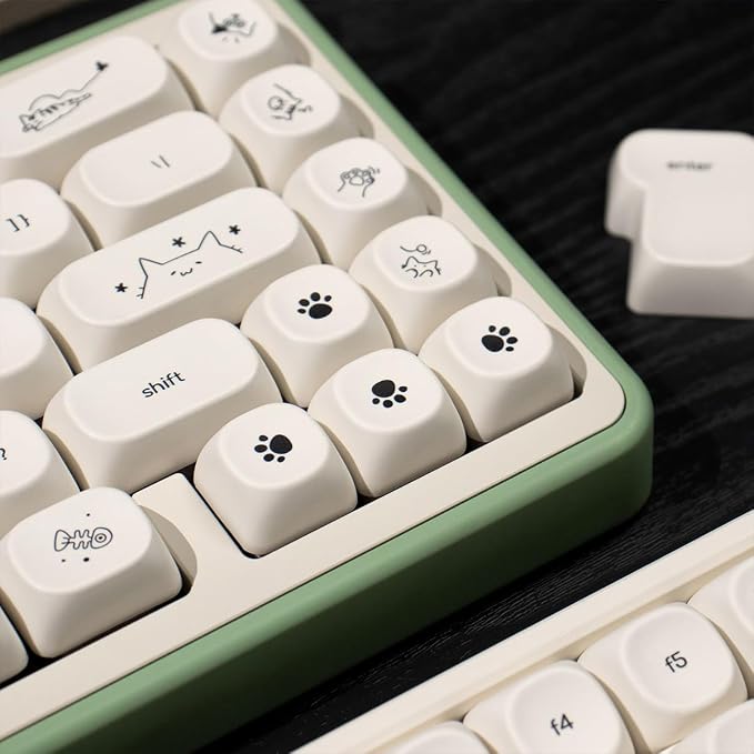 MOA Profile Cute Cat Keycaps, 124keys PBT Keycaps Set, Minimalist White Keyboard Caps, Custom Dye Sublimation Key Caps for 61/64/68/84/87/100/104/108 Cherry MX Mechanical Keyboards(124 Keys)