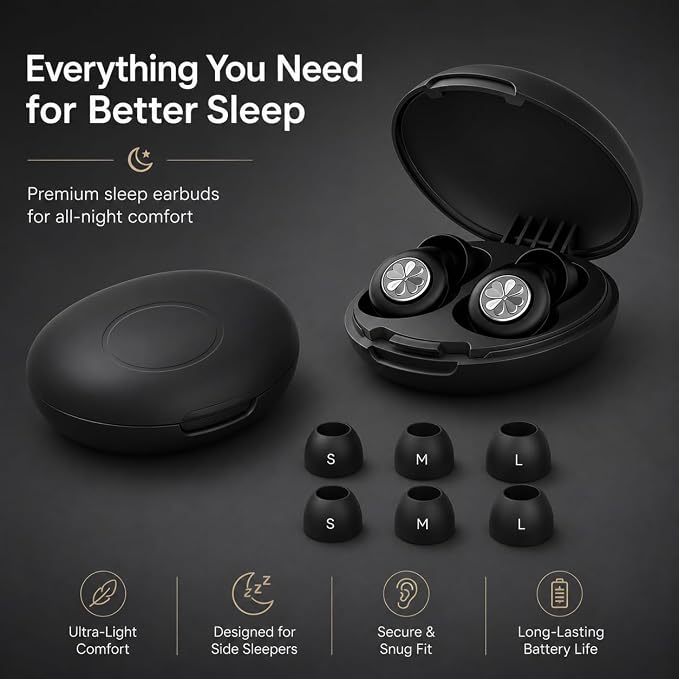 45dB Ear Plugs for Sleeping, Soft Silicone for Side Sleepers, 4 Sizes | Reusable soft silicone with XS/S/M/L sizes for side sleepers, concerts, flights and hotels; carrying case included.