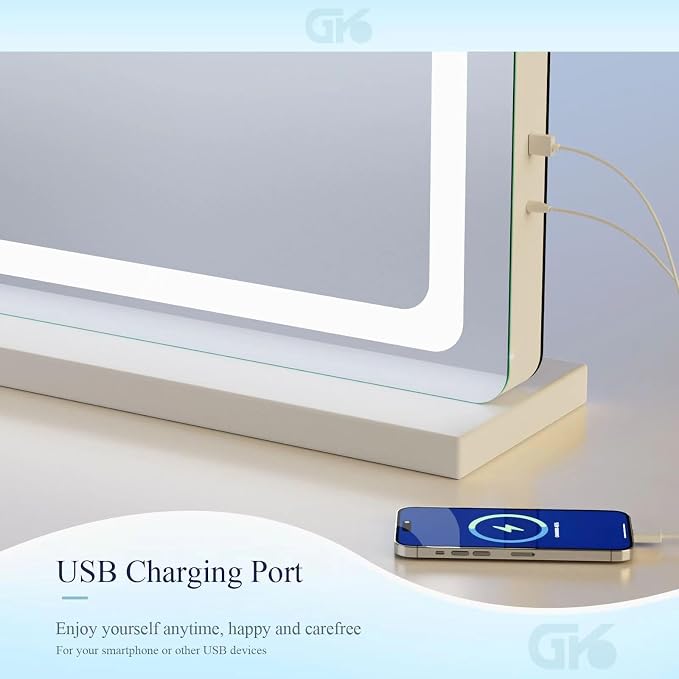 Gvnkvn Makeup Vanity Mirror with USB Charging Port 24" x 19" Large LED Makeup Mirror, Desk Mirorr with Lights, Light up Mirror with 10X Magnification and, Dimmable 3 Modes, Touch Control White