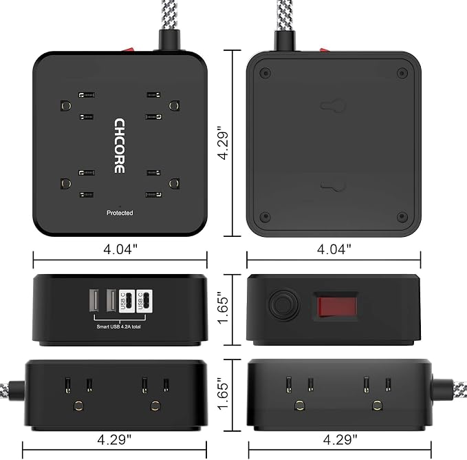 Surge Protector Power Strip - CHCORE 10Ft Braided Extension Cord with 8 Outlets with 4 USB (2 USB C) Charging Ports, Flat Plug Multi Plug Outlet Extender Charging Station for Home Office, ETL, Black