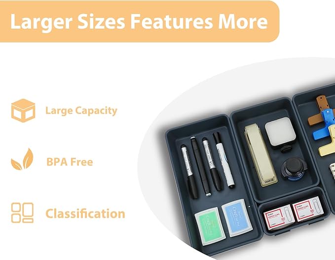 Kutesna 6 PCS Large Drawer Organizer,3 Sizes Plastic Desk Organizer Trays | Versatile Kitchen Drawer Organization and Plastic Storage Bins for Makeup, Vanity, Kitchen, Utensils, Office, Bathroom