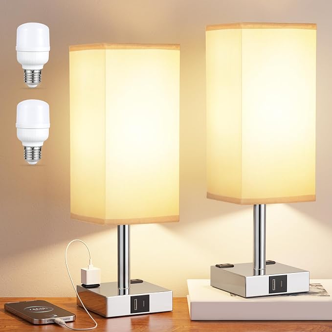 aooshine Touch Bedside Table Lamp Set of 2-3-Way Dimmable Night Lamp with USB A + Type C Charging Ports and Two AC Outlets, Small Desk Light with E26 LED Bulb for Bedroom Living Room Dorm Office