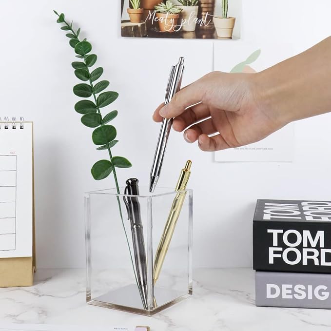 MEI YI TIAN Clear Acrylic Pencil Pen Holder Cup with Silver Bottom, Desk Accessories Makeup Brush Holders Modern Design Desktop Organizer for Countertop Desk Accessory Storage