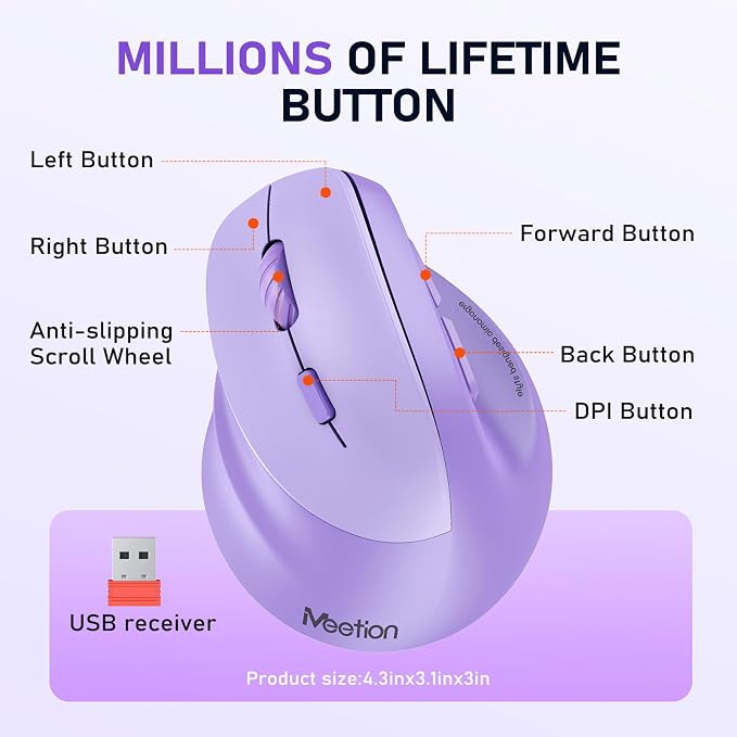 MEETION Left-Handed Mouse, Ergonomic Mouse Wireless Vertical Mouse, RGB Rechargeable Mice for Bluetooth(5.2 + 3.0) & USB, 4 Adjustable DPI for Mac/Windows/PC/Tablet/iPad Purple