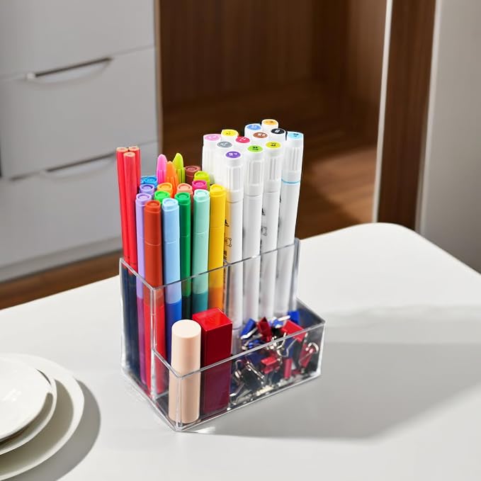 HSYMQ Desktop Clear Pen Holder with 3 Compartments, Acrylic Pencil Holders, Desk Organizers and Accessories