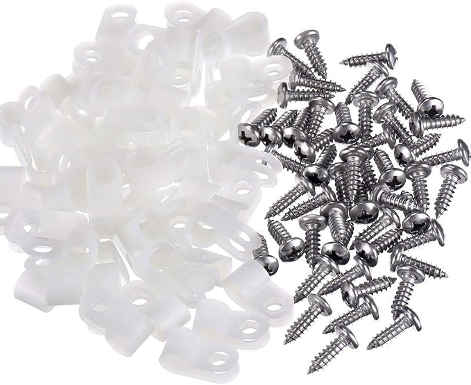 VIPMOON 100 Pcs 1/4 Inch R-Type Cable Clips Clamp Kit, Nylon Mounting Cord Fastener Clips with 100 Pack Screws for Indoor Outdoor Electrical Wire Management Organizer, White