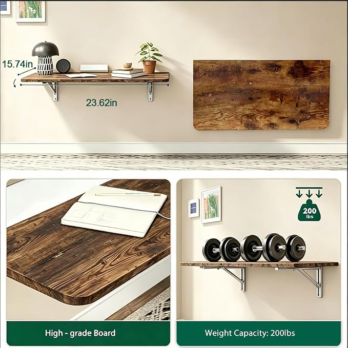 Rustic Wall Mounted Folding Table, Solid Wood Floating Desk with Stainless Steel Brackets, Space Saving Shelf for Home Office, Kitchen, Dining, Laundry Room (60X40cm / 23.63"X15.75")