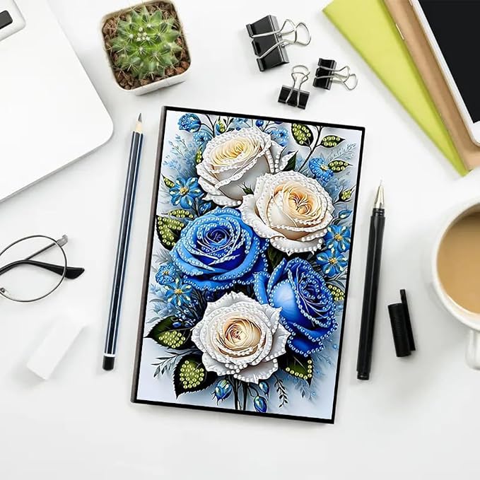 FRANDEK Pearl Painting Notebook Kit, Blue and White Rose A5 DIY Journal with 50 Blank Pages, Diamond Gem Art Cover with Waterproof Canvas, Beginner Craft Set with Full Tools for Adults
