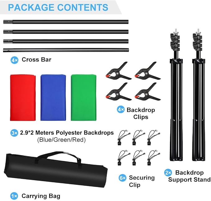 PULUZ Photo Background Support System with 9.5x6.5ft/300x200cm Backdrop Stand Kit, Portable greenscreen Background and Blue Red Backdrop for Photography, Video Shooting, Live Streaming, Party