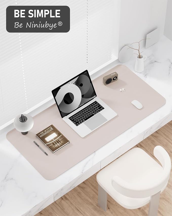 Desk Pad, 30" x 14" PU Leather Non-Slip Desk Mat Large Mouse Pad for Desktop, Waterproof Laptop Computer Writing Mat for Office, Home, Work, Gaming, Beige Gray