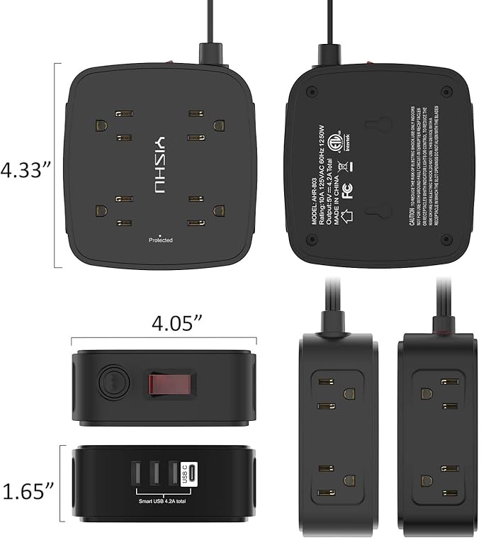 6 Ft Surge Protector Power Strip - YISHU 8 Widely Outlets with 4 USB Ports, 3 Side Outlet Extender with 6 Feet Flat Extension Cord, Ultra Flat Plug, Wall Mount, Desk USB Charging Station, ETL, Black