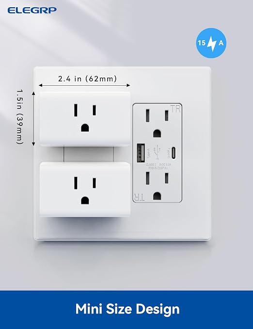 ELEGRP Matter Supported Mini Smart Plug, Smart Outlet 15A/1800W Max, Compatible with Apple Home, Siri, Alexa, Google Home, SmartThings, Compact Design, UL Certified, 2.4G Wi-Fi Only, White, 1 Pack