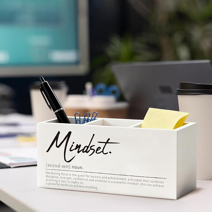 Mindset Definition Inspirational Pen Pencil Utensil Holder | Motivational Gifts for Women Men, Wood Desk Organizer and Accessories for Office Tabletop