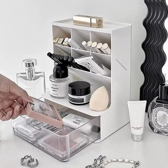 Desk Organizer with Drawer Pen Holder Workspace Organizers Perfect Office Desk Accessories and Workspace Organizers for Home Office Organization (White/Transparent)