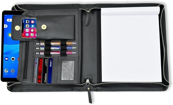 Genuine Leather Portfolio Organizer with Zipper for Men Women, Padfolio Business Resume A4/Pad, Folder Organizer, Legal Pad Holder with Card Slots, Zippered Padfolio for Business Documents, Black