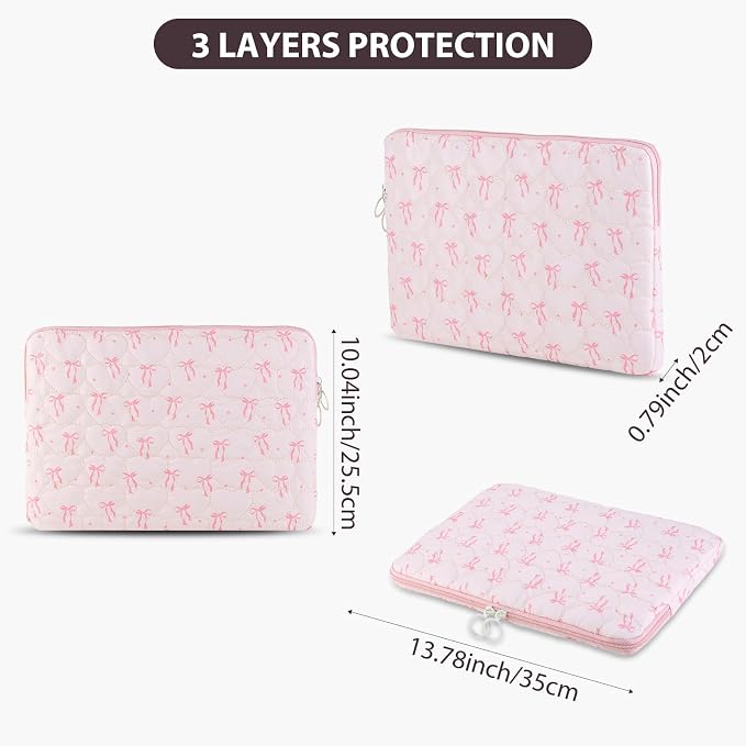 Cute Bow Puffy Laptop Sleeve 13-15 Inch Cute Quilted Laptop Protective Case Padded Bow Computer Sleeve for MacBook