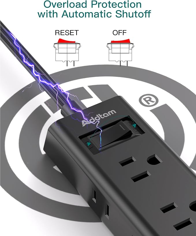 Cruise Essentials, Addtam 6 ft Ultra Flat Extension Cord with 6 Outlets Extender, Flat Plug Power Strip, No Surge Protector for Cruise Ship, Travel, Dorm, Home Office, Black