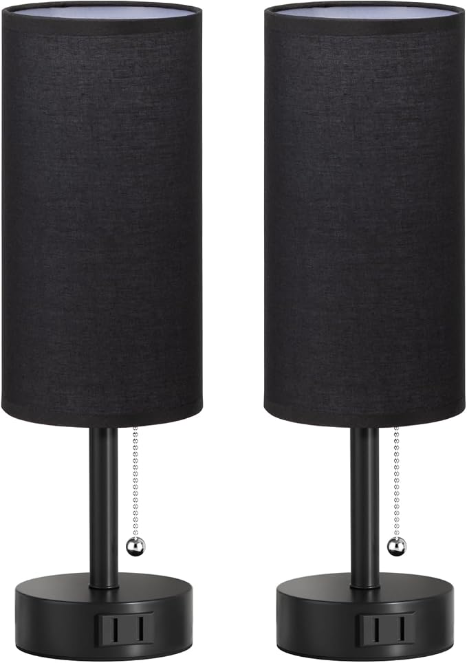 Fenmzee Black Bedside Table Lamps Set of 2-3 Color Temperatures Pull Chain Lamp with AC Outlet Charging Port, Round Night Stand Lamps for Bedroom Office, Small Bed Side Light with E26 LED Bulbs
