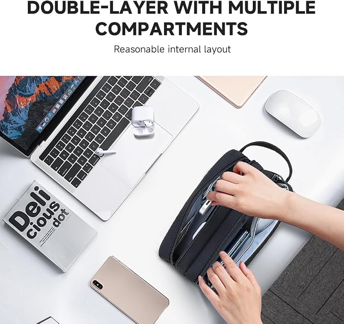 Teskyer Cable Organizer Bag, Travel Electronics Accessories Organiser, Protable Tech Pouch for Phone Chargers, Cables, Flash Drive, Power Bank, Hard Drive, Black, 23.5 x 12 x 9 cm, Double-Layer Cable