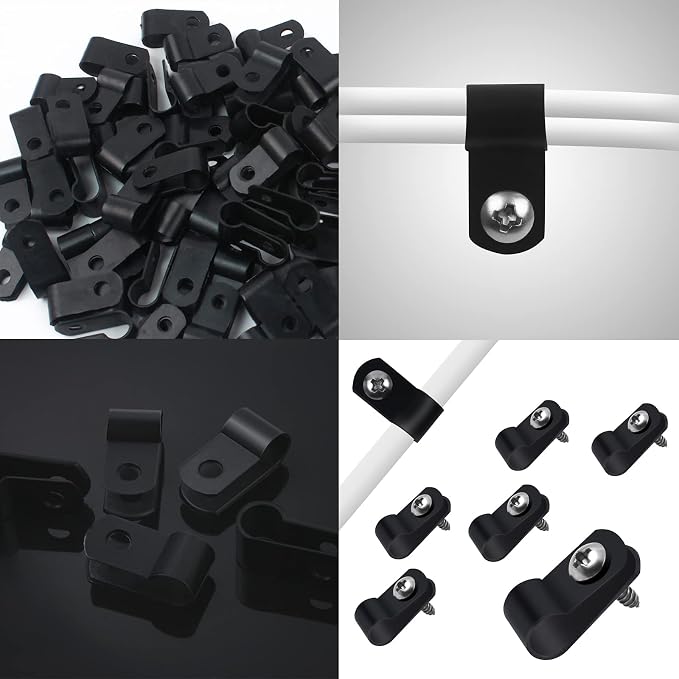 VIPMOON 100Pcs 5/16 Inch R-Type Cable Clamps, Nylon Plastic Cable Clips with Screws, Mounting Cord Fasteners for Electrical Wire Clamps Management, Black