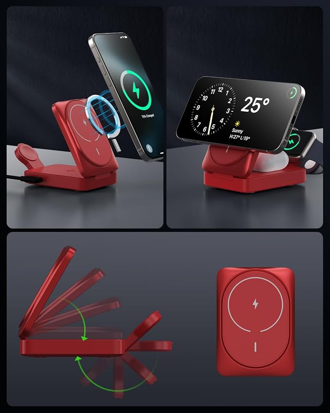 3 in 1 Wireless Charger Charging Station for iPhone,Travel Foldable Magnetic 15W Fast Wireless Charger Stand for Mag-Safe with 30W USB C Adapter for iPhone 17/16/15/14/13/12,Apple Watch,AirPods