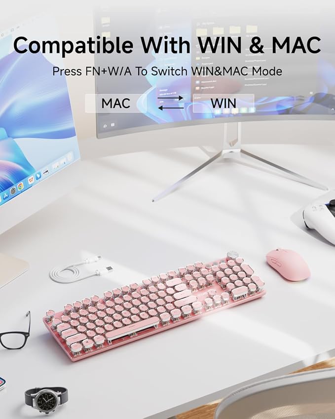 EWEADN Wired Typewriter Mechanical Keyboard, Low Noise White Switch Retro Punk Keyboard with Media Knob, White Backlit, Metal Panel, 104-Key Round Keycaps Cute Keyboard for Windows PC - Dark Pink