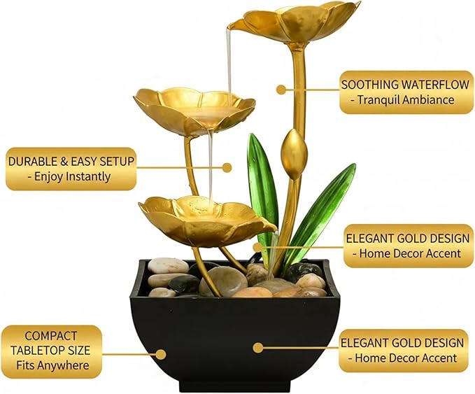 Gold Tabletop Water Fountain, Spring Decor Desktop Waterfall, Indoor Lotus Desktop Decorative Fountain, Home Bathroom Bedroom Decor.