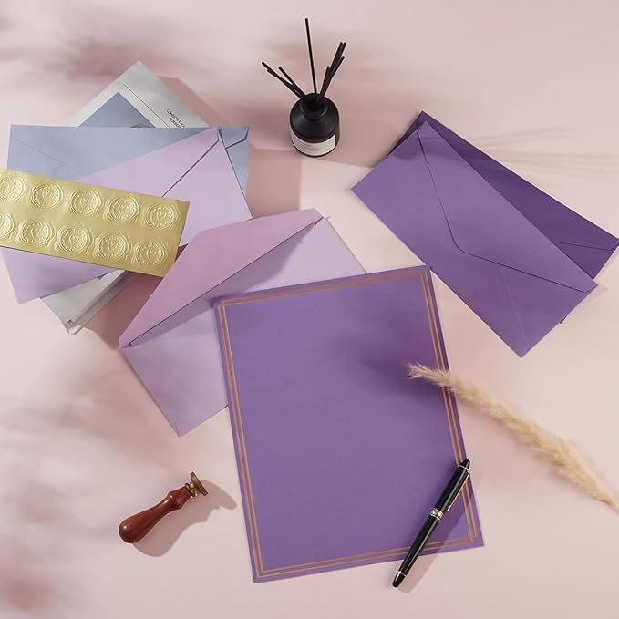 50 Pack Colored Stationery Set, 5 Colors #10 Business Envelopes, 50 Sheets 8.5x11 Paper Sheet and Gold Stickers for Office, Letters, Invitations (Purple)