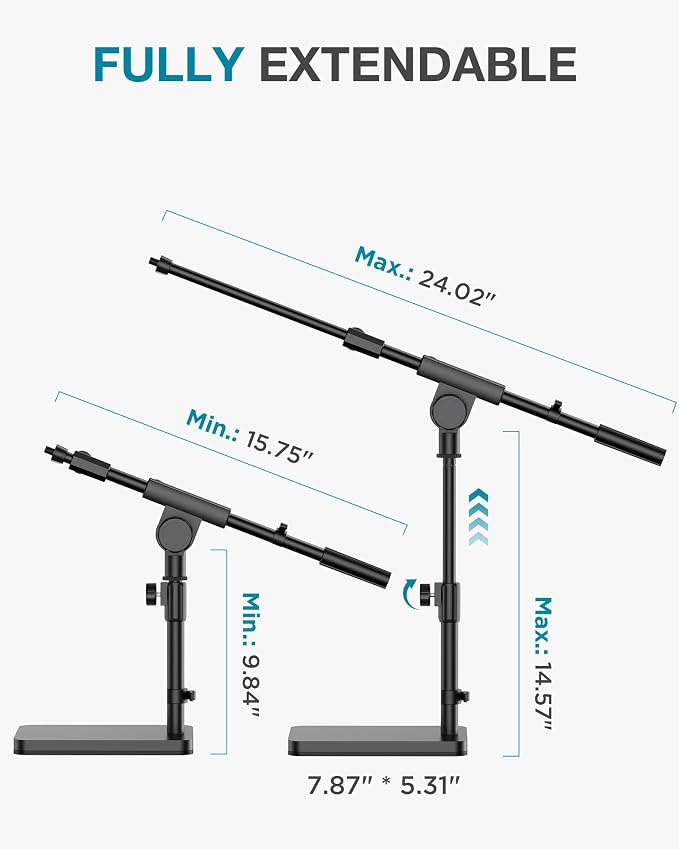 InnoGear Adjustable Desk Microphone Stand, Weighted Base Boom Arm Mic Stand, 3/8'' and 5/8'' Threaded Mounts for Blue Yeti HyperX QuadCast SoloCast Fifine, Kick Drums, Guitar Amps, Black, Large