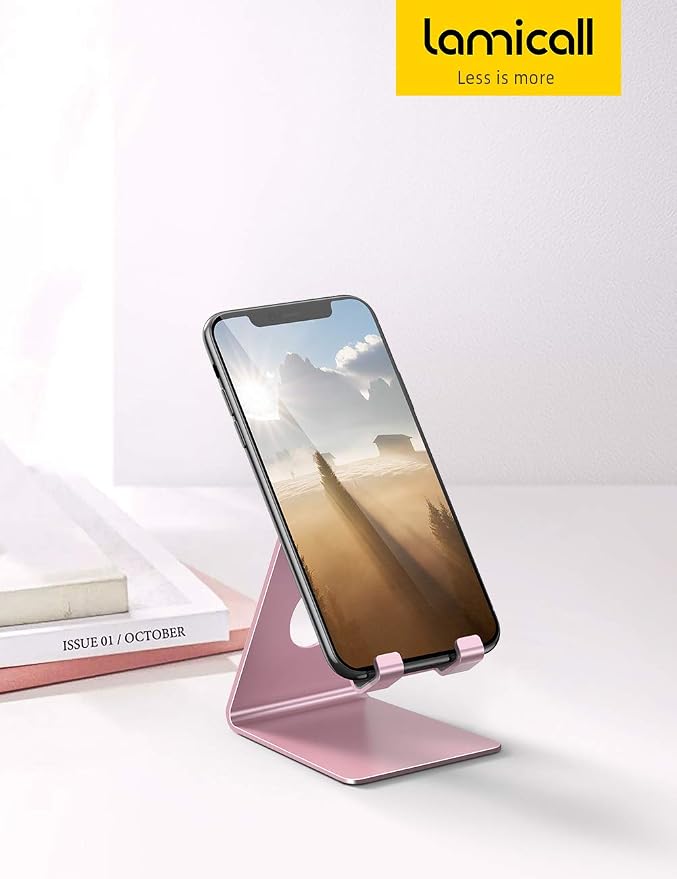 Lamicall Pink Phone Stand, Desk Accessories - Rose Gold Pink Cell Phone Holder, Office Decor, Office Desk Accessories, Suitable for iPhone 16 15 14 13 Pro Max, 4-8'' Phone