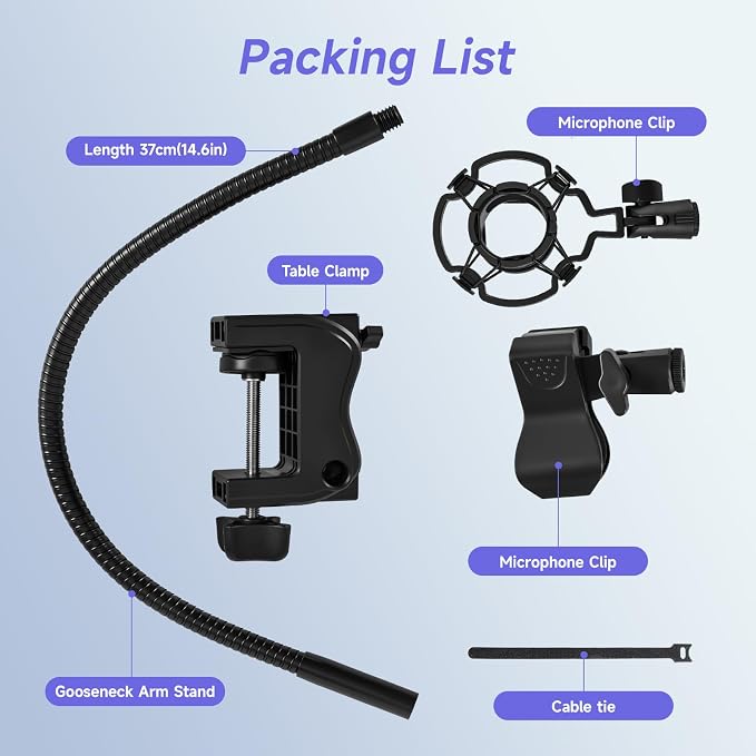 Gooseneck Microphone Stand, Flexible Adjustable Mic Arm with Desk Clamp, 360° Rotatable Desk Mount Mic Holder with Cable Ties & 3/8'' to 5/8'' Adapter for Podcast, Streaming, Gaming