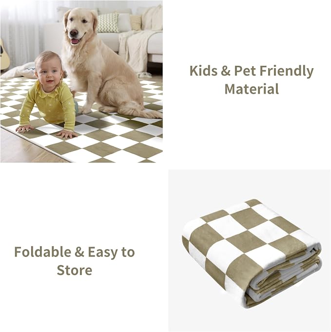 Terrug Beige and White Checkered Rug for Living Room,8x10 Area Rugs Washable with Non Slip for Bedroom,Soft Low Pile Stain Resistance Retro Carpet for Dorm Kids Room