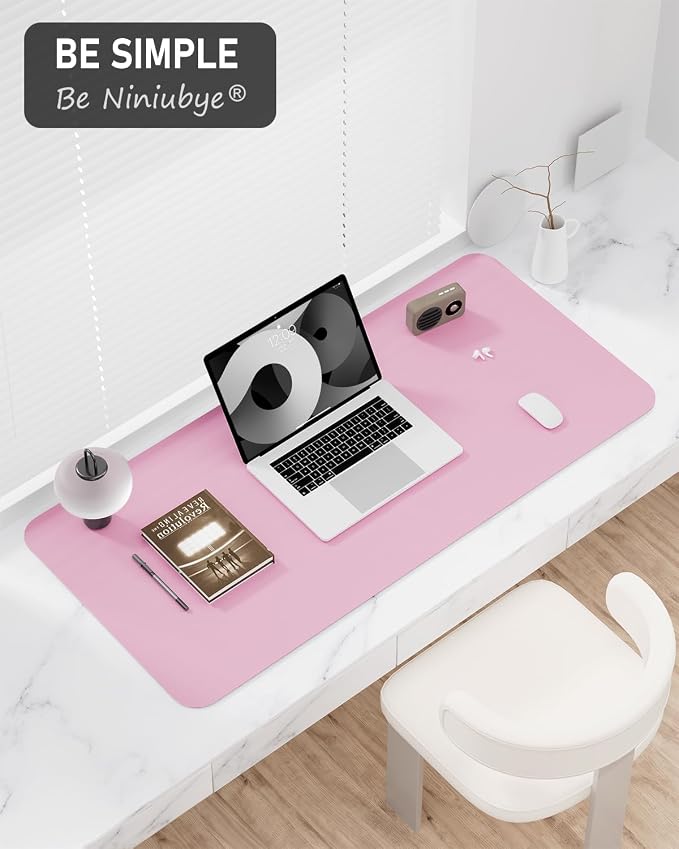 Desk Pad, 23.6" x 13.8" PU Leather Non-Slip Desk Mat Large Mouse Pad for Desktop, Waterproof Laptop Computer Writing Mat for Office, Home, Work, Gaming, Pink