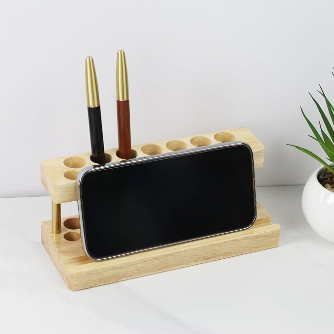 Crapyt Wooden Pen Display Stand with 15 Slots and Cell Phone Stand | Unique Pencil Holder for Desk Decor Minimalist Office Desk Organizer (Wood Color)