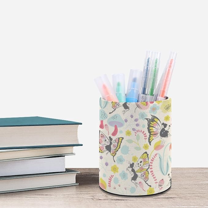 Butterfly Pen Holder for Desk PU Pencil Cup Organizer | Round Desks Makeup Brush Holder for School Multifunctional Office Supplies