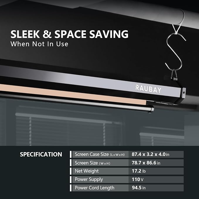 RAUBAY Motorized Pull Down Beige Screen - 78.7" x 86.6" Collapsible Wall-Mount Background for Professional Video Production, Chroma Key Backdrop for YouTube, TikTok, Streaming, Video Conferencing
