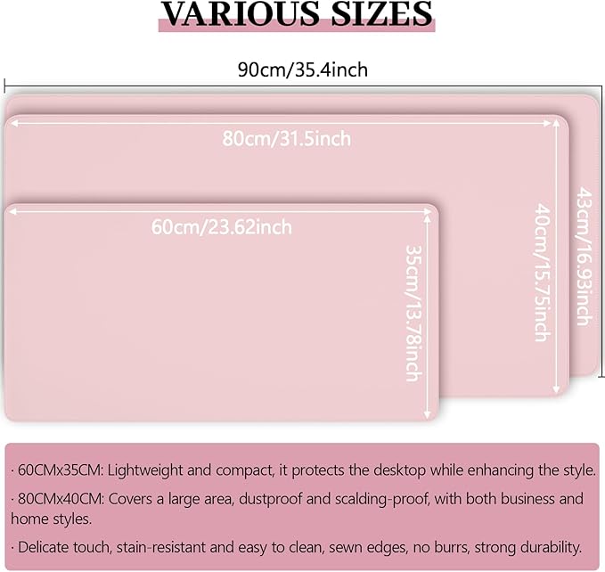 Pink Leather Desk Pad Large Mouse Pad, 23.6"x13.8" | Waterproof Desk Mat for Keyboard and Mouse, Non-Slip Computer Desk Protector, Smooth Mouse Control for Home Office
