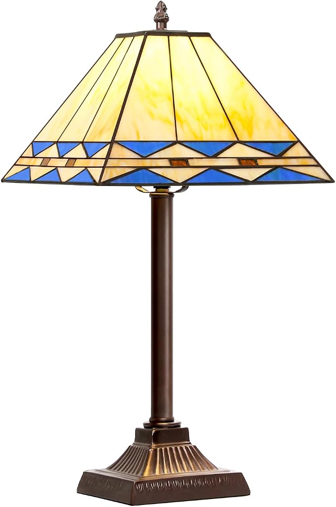 Square Stained Glass Table Lamp, Vintage Style Desk Lamp, Mid Century Modern Bedside Nightstand Lamps with Rocker Switch, Unique Decorative Accent Light for Bedroom Living Room Office (E26 Base)
