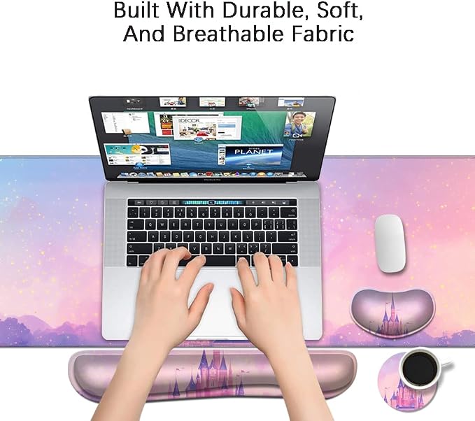 Desk Mat, Large Gaming Mouse Pad with Wrist Rest, 4 in1 XXL Mouse pad+Keyboard Wrist Rest+Mouse Pad Wrist Support+Cup Coaster Set, Ergonomic Desk Pad for Home Office,Pink Castle