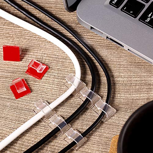 Maitys 60 Pcs Adhesive Cable Wire Clips Outdoor, Christmas Light Clips Cable Management Cord Holder Organizer for Fairy String Light Under Desk, Wall, Car, TV PC Ethernet(Medium,Clear)
